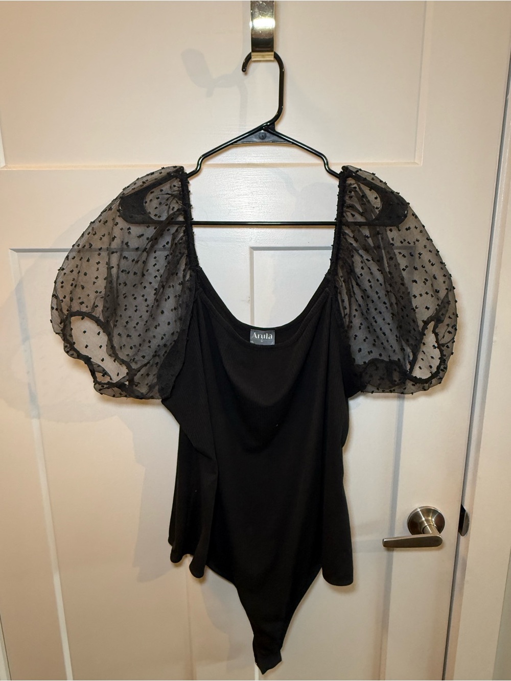 ARULA Black Sheer Puff Sleeve Bodysuit